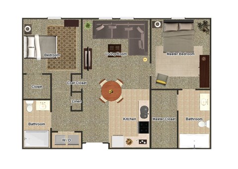 A floor plan of a house with a living room, two bedrooms, a kitchen, a bathroom, a closet, a linen closet, and a wardrobe.